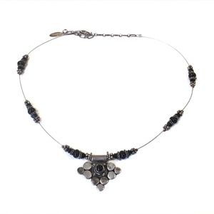 Sterling Silver Black Stone Cabochon Center Pendant Beaded Stations Necklace